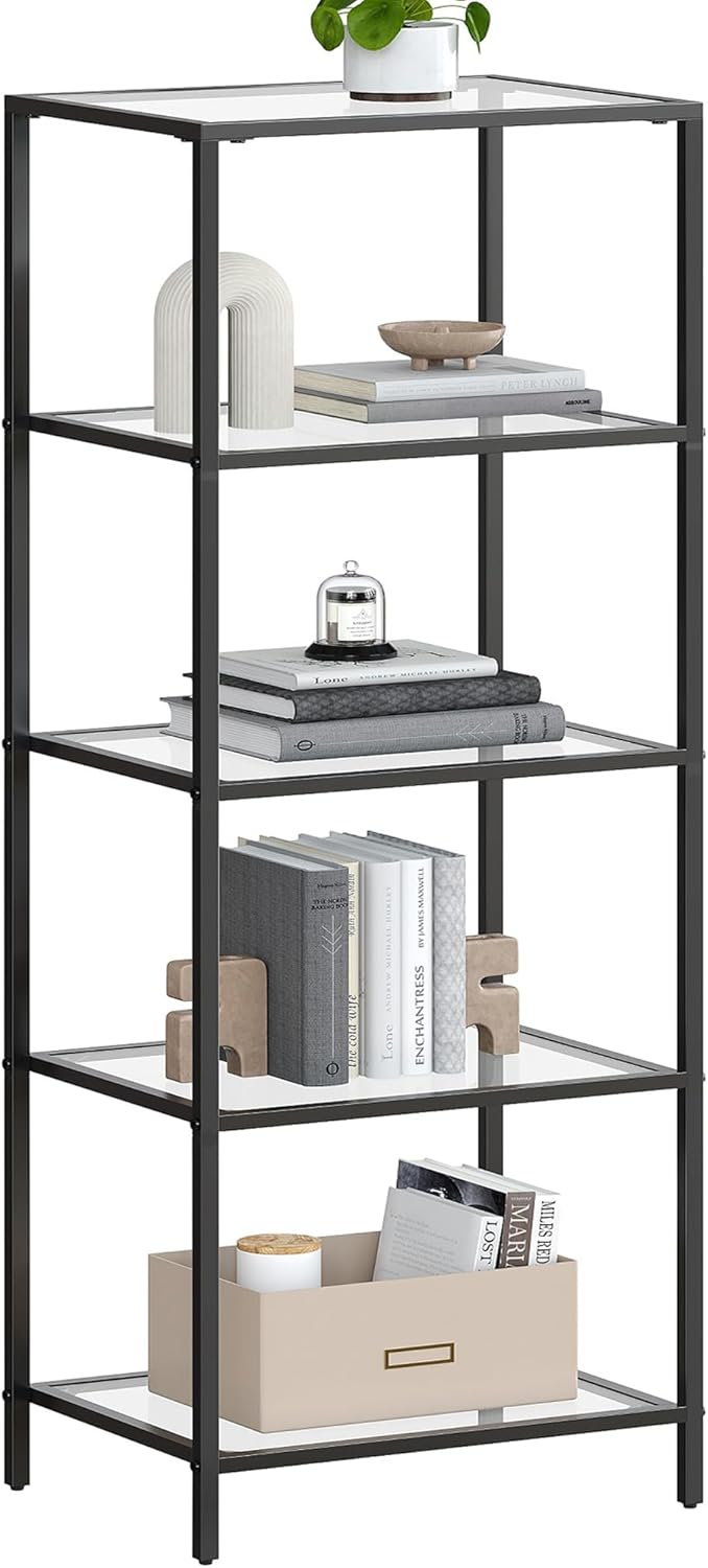 VASAGLE 5-Tier Slim Bookshelf Tempered Glass Steel Frame