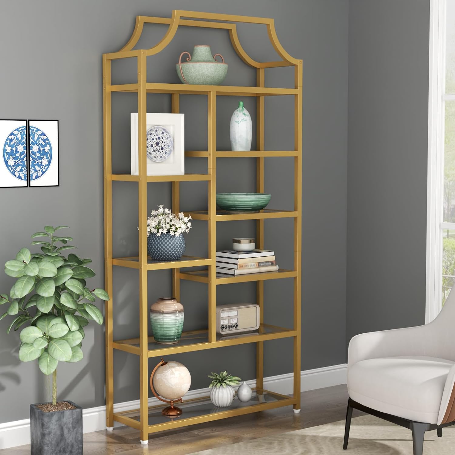 Loomie 8-Open Shelf Bookshelf 70.87 Lux Etagere Gold Glass