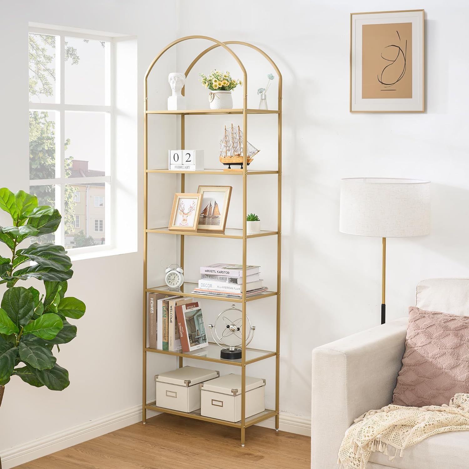 Homhedy Arched Tempered Glass Bookshelf 73.6 Tall Gold