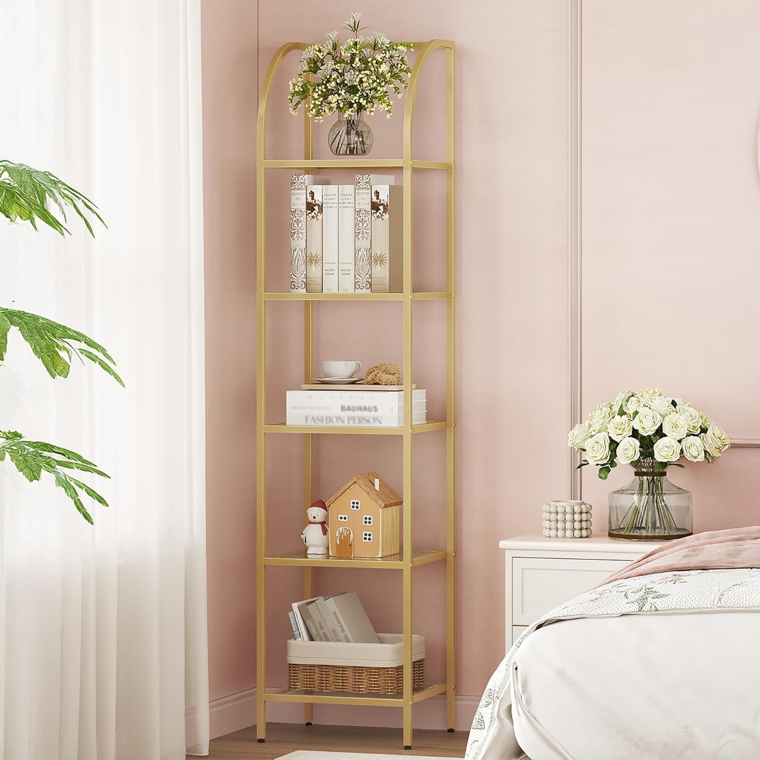 Hzuaneri Arched Tempered Glass Bookshelf 5-Tier Gold