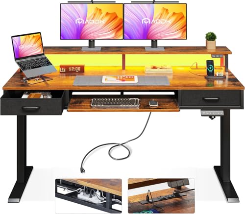 AODK 55-inch Standing Desk with Drawers, Keyboard Tray and LED