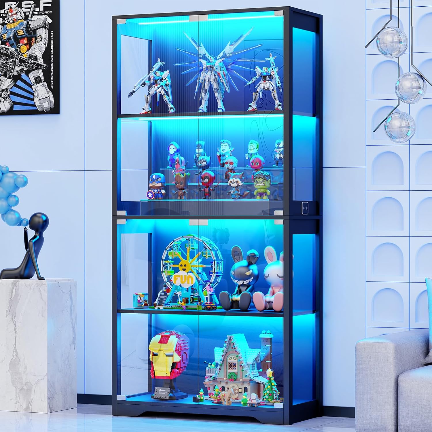 BROTTAR Display Cabinet with Glass Doors 4-Tier Curio Cabinet with LED Lights