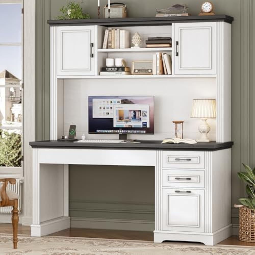 SEDETA farmhouse executive desk with hutch and 3 drawers in white