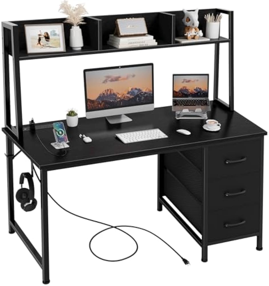 DLisiting 47 inch computer desk with hutch and fabric drawers in white