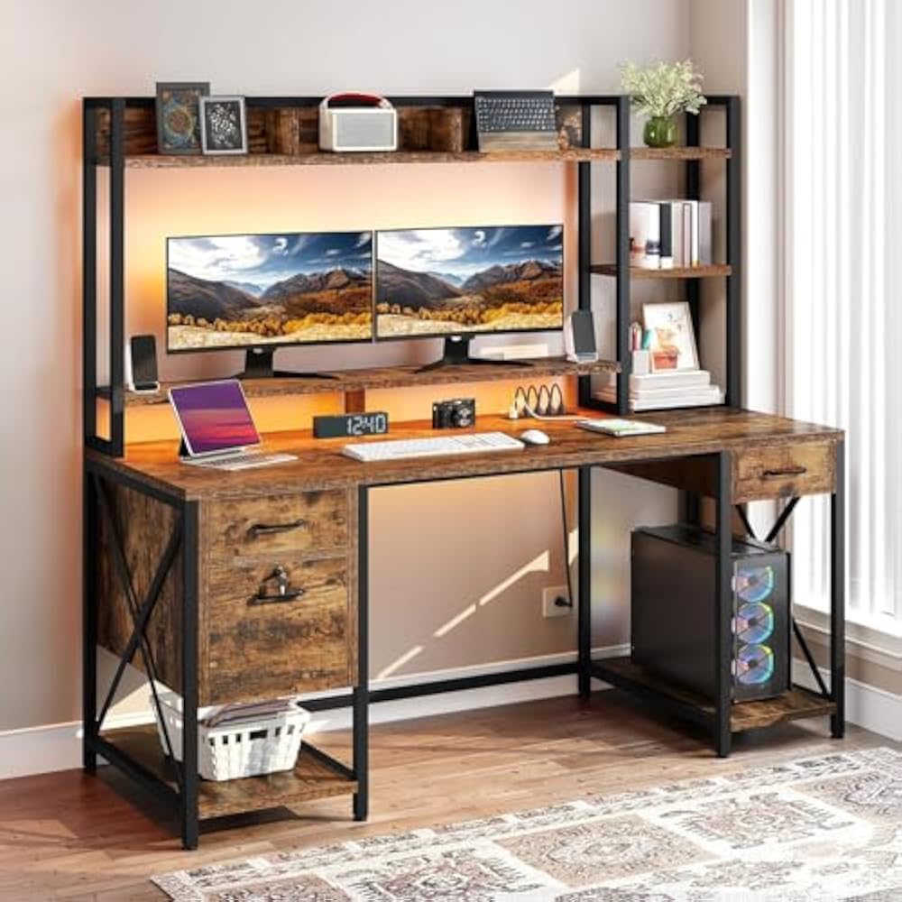 DWVO computer desk with drawers hutch and RGB LED lights in rustic brown