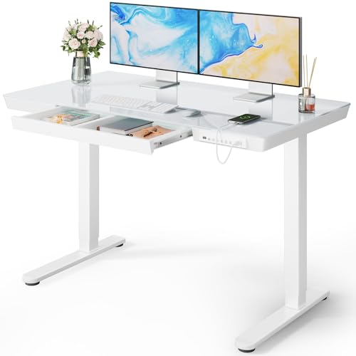 Marsail Glass White Standing Desk with Drawer