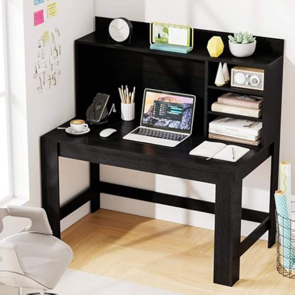 Tangkula computer desk with hutch and charging station in black