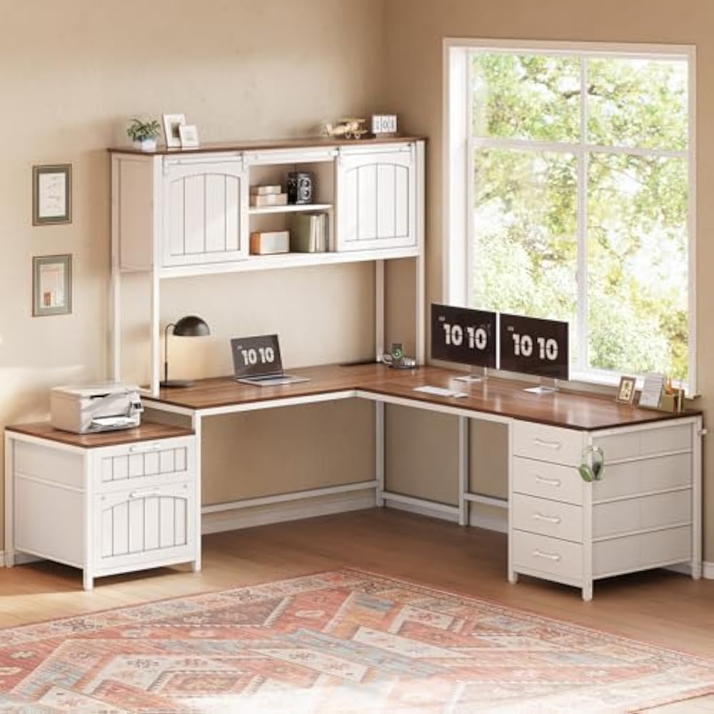 SEDETA farmhouse L shaped desk with 6 drawers and barn door cabinets in white