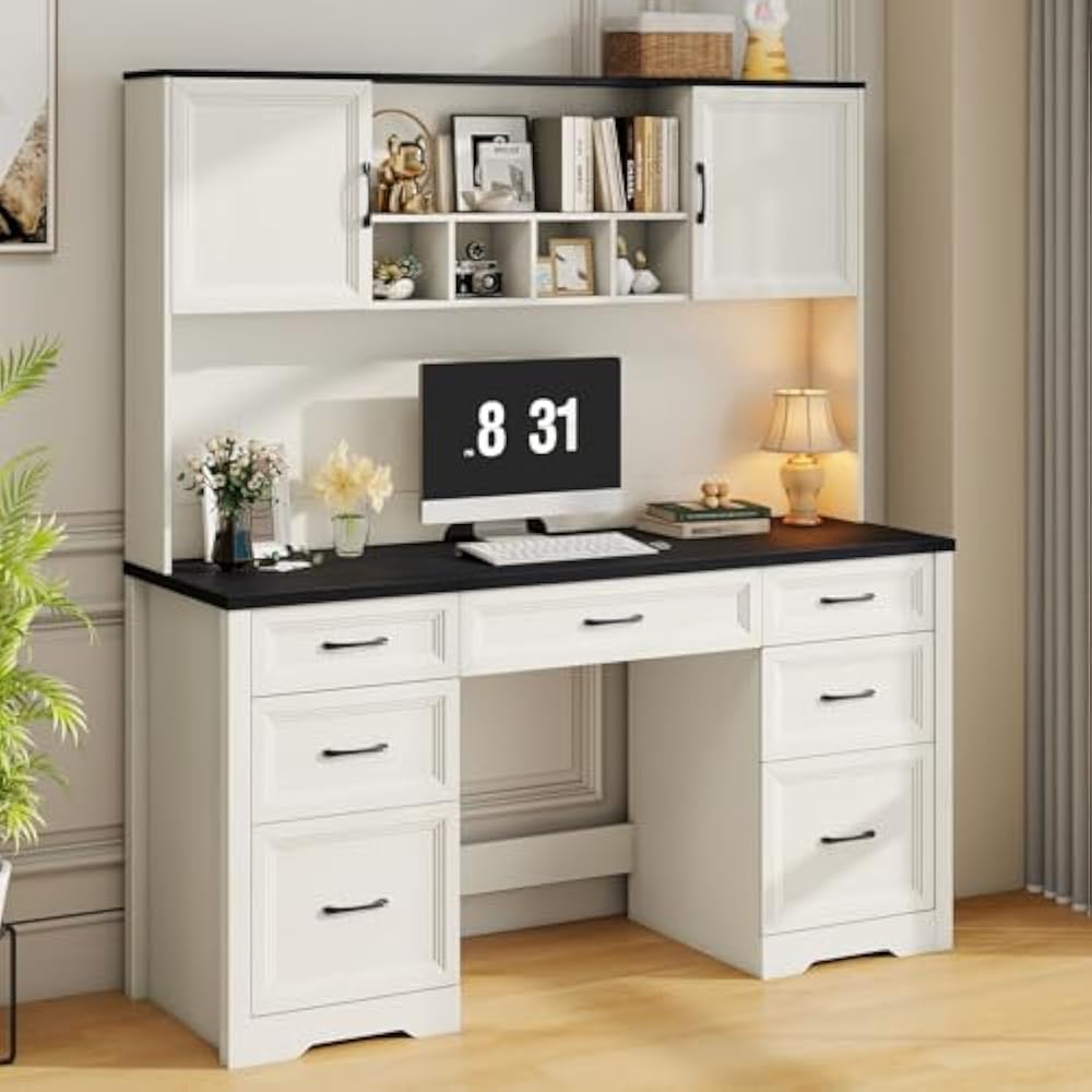 Vabches farmhouse executive desk with 7 drawers and storage cabinet in cottage black