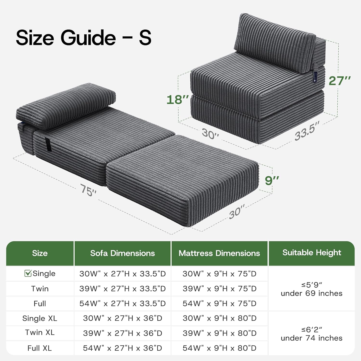 MEGAYES 4-in-1 folding sofa bed boneless convertible