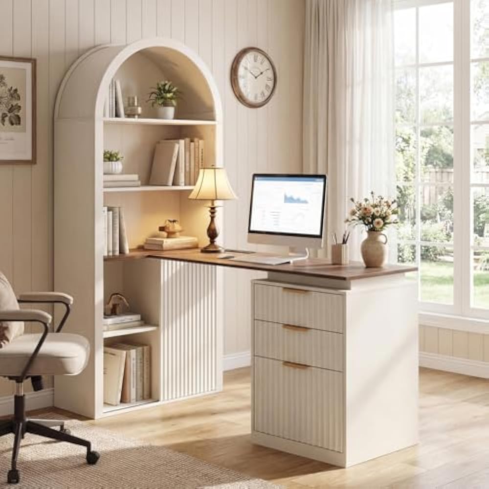 NORTHSKY L shaped desk with arched hutch white fluted design gold handles