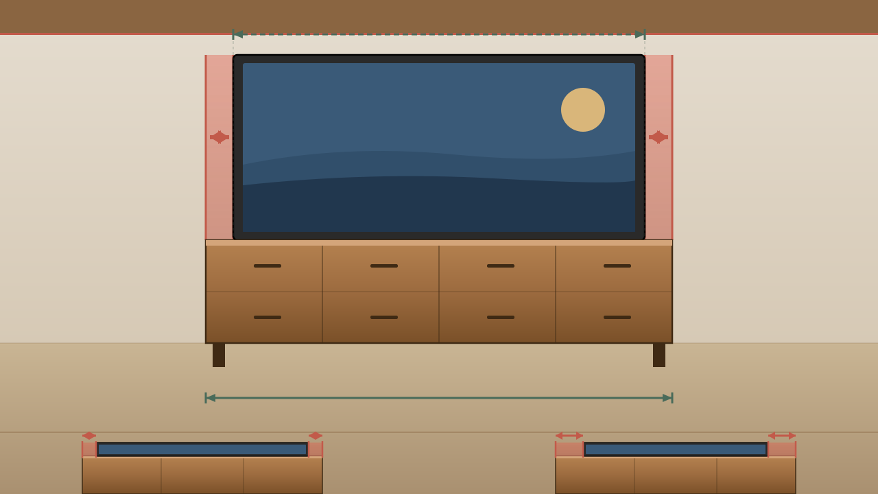 Diagram showing a 55-inch TV sitting on a 54-inch TV stand with red highlighted clearance zones on each side, plus a small comparison at the bottom showing a 3-inch clearance versus a 6-inch clearance setup.